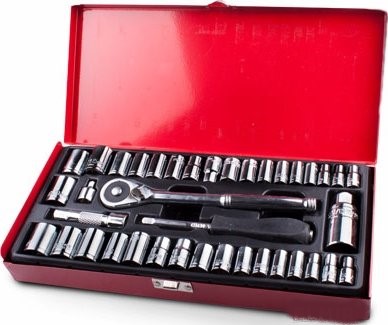Набор головок 1/4", 3/8" 40шт с трещеткой, удлинителем, переходником, отвертка-вороток (металлический кейс) - фото
